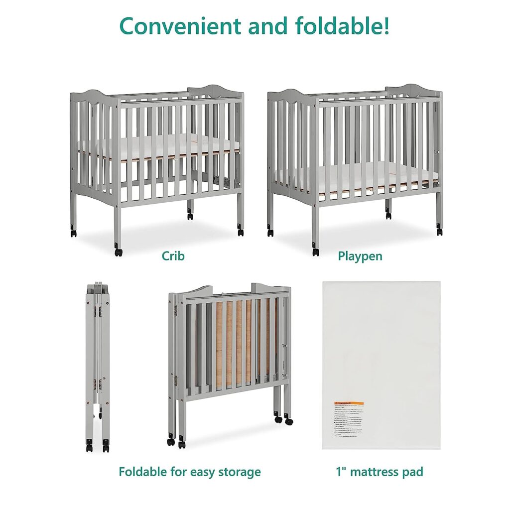 Dream On Me 2-in-1 Lightweight Folding Portable Stationary Side Crib in Pebble Grey